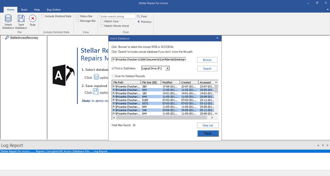 Show preview of recoverable MS Access database files