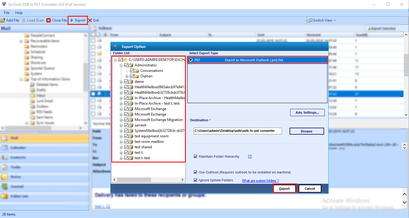 Export Exchange EDB to Outlook PST File