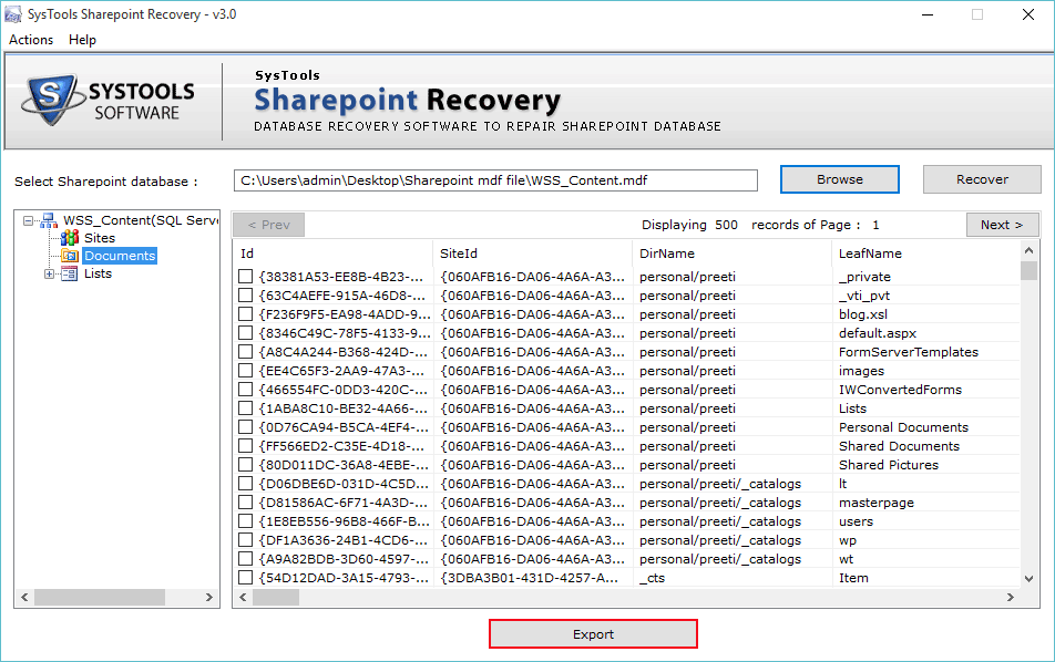 Show preview of recoverable data from SharePoint Database