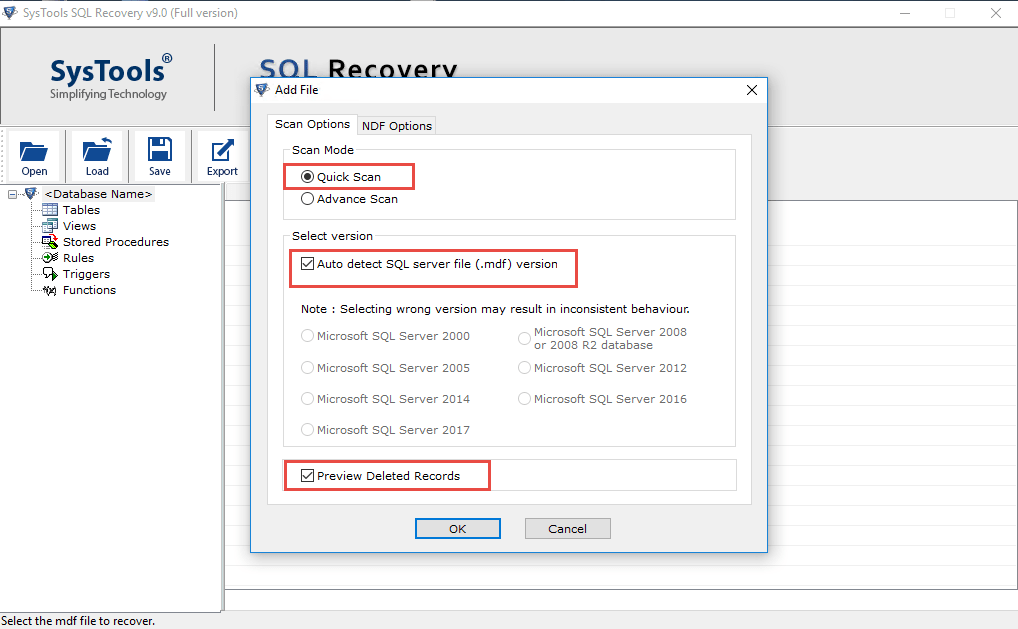 Select SQL database file for repairing