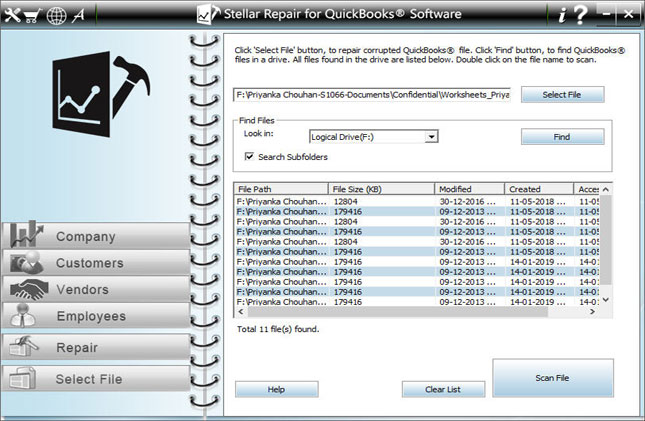 Select or Search 'QuickBooks' file for scanning